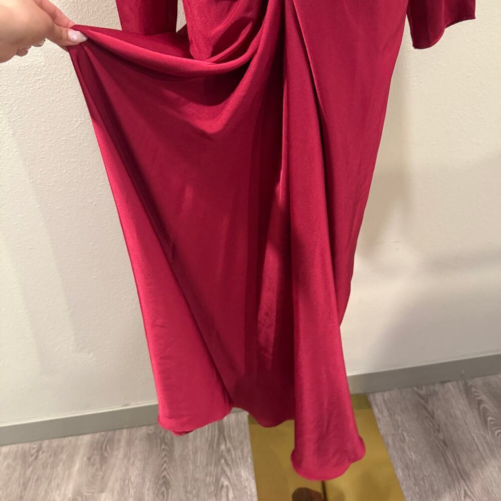 Mango Red Burgundy Satin Knot Front Maxi Dress Deep V Long Sleeve Sexy Cocktail - Picture 4 of 10